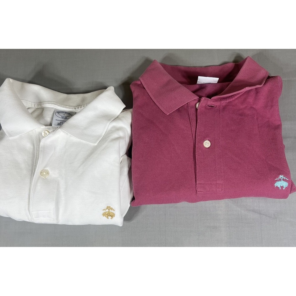 Lot Of 2 Brooks Brothers Polo Shirts  Mens Pink  White 1818 Performance Slim Fit